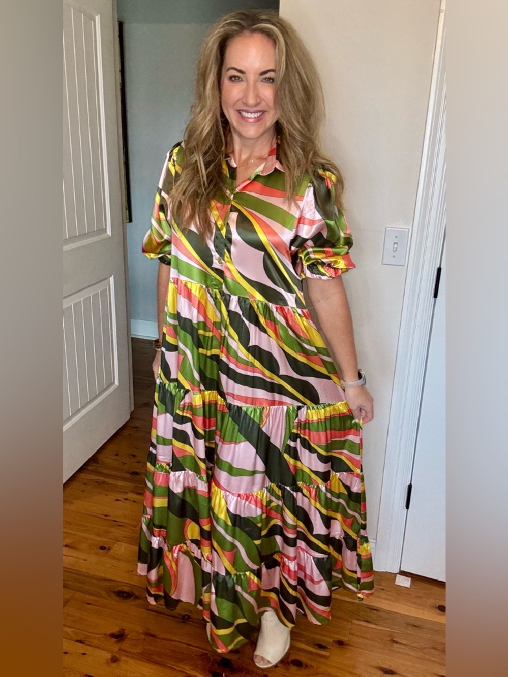 Karlie Multi-Color Abstract Print Tiered Maxi Dress - Green, Pink, Yellow